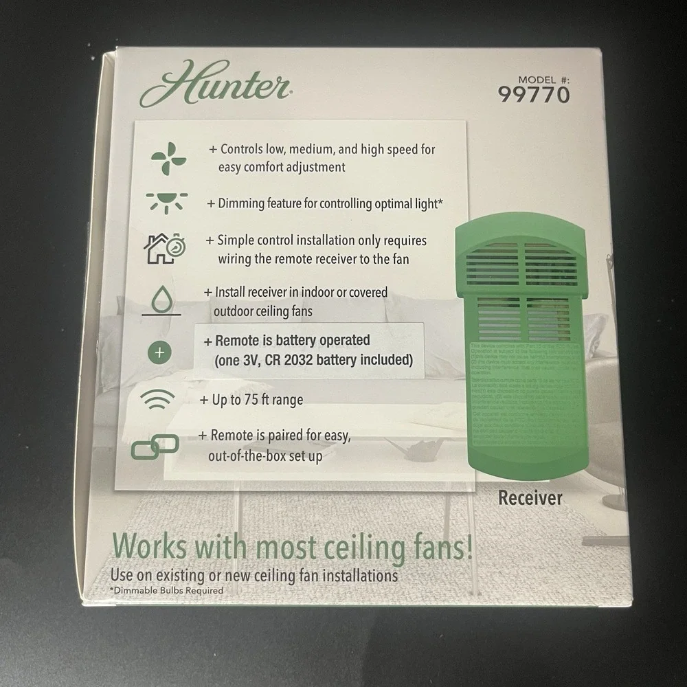 Hunter 99770 Ceiling Fan Remote Control and Receiver Kit White 3 Speed Dimmer
